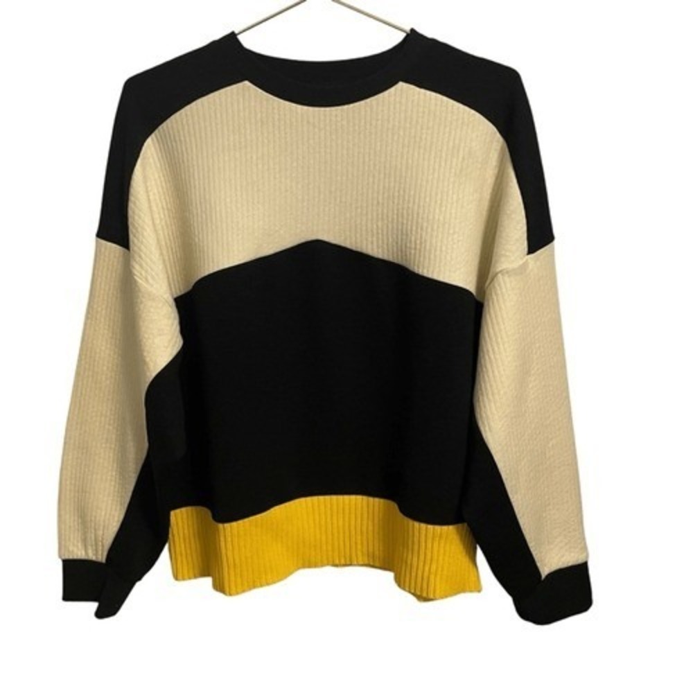 Zara Colorblock Ribbed Knit Sweater Black Cream Yellow Crew Neck Small